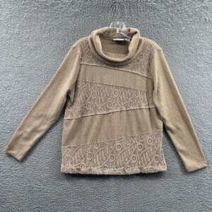 Alfred Dunner Womens Top‎ Medium Tan Embellished Long Sleeve Pullover Knit Shirt